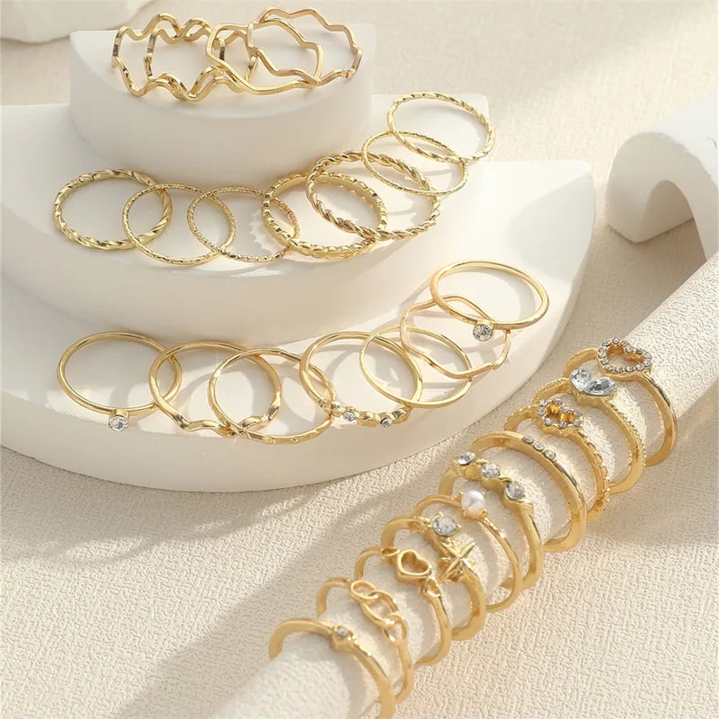Simple Wave Jewelry Rings Set for Women - Crystal Heart & Multiple Colors