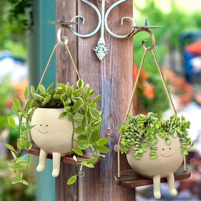 Resin Hanging Planter Pot with Smiling Face Design and Swing Base - Indoor Outdoor Garden Decor