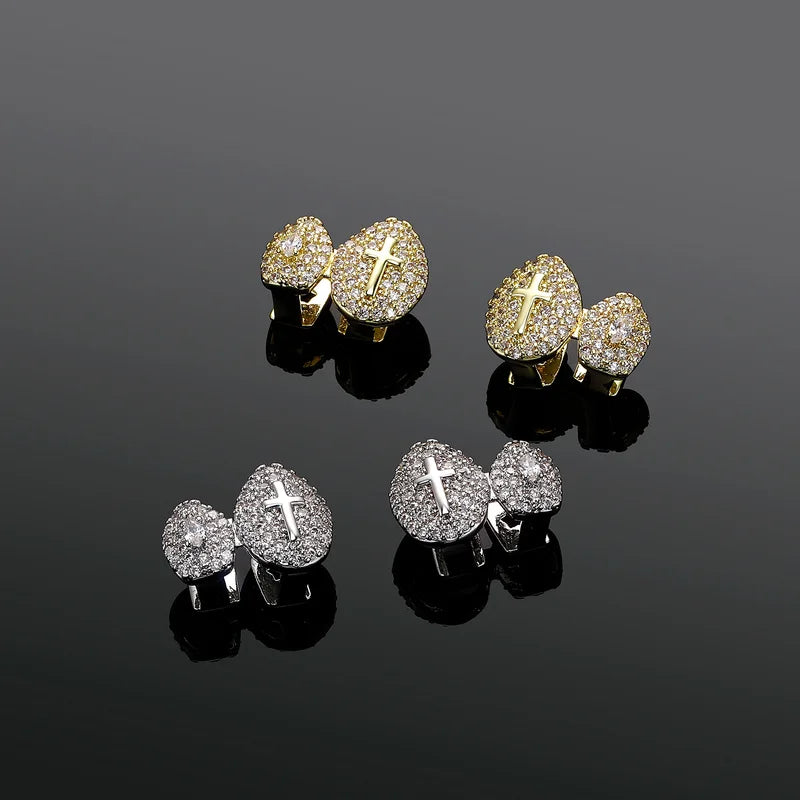 Hip Hop Double Teeth Grillz Set for Men - Iced Solid Cross CZ Jewelry - Multiple Colors