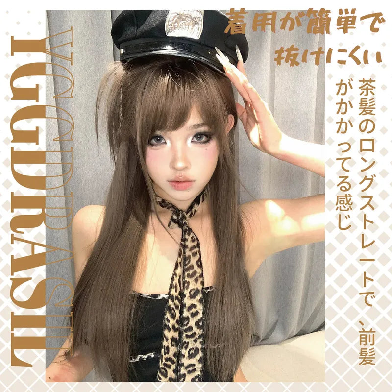 28 Inch Honey Ash Brown Synthetic Wigs with Bangs - Long Straight Hair for Women