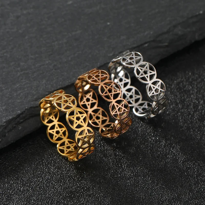 Stainless Steel Pentagram Ring for Women Geometric Wicca Protection Jewelry