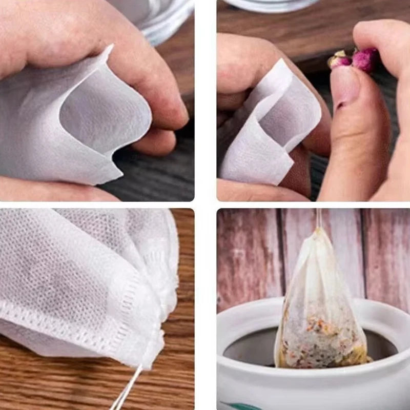 Disposable Tea Filter Bags with Drawstring - 100 Pcs, Food-Grade Material