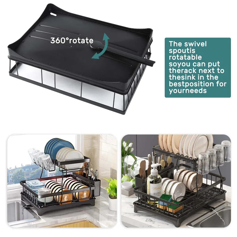 Large 2-Tier Dish Drying Rack for Kitchen Countertops - Removable, High Capacity