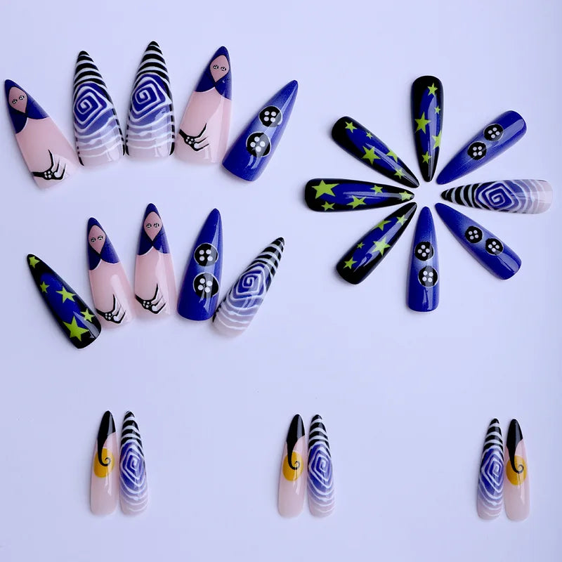 24-Piece Spiral Stripe Pattern Press-On Nails for Halloween - Blue French Almond Fake Nails