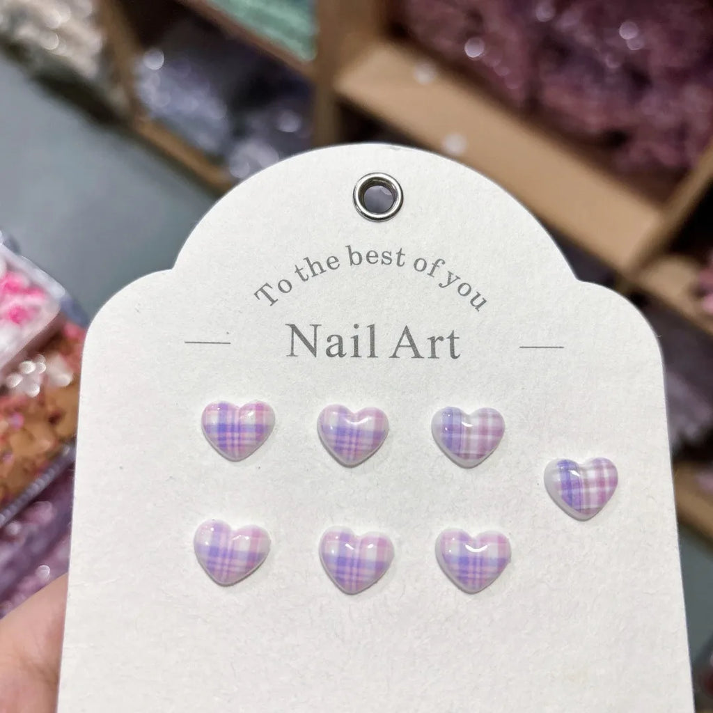 Heart Plaid Nail Charms 3D Sweet Girl Nail Art Decor for DIY Kawaii Manicures