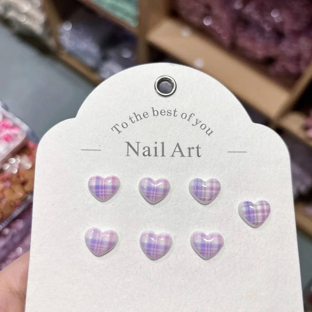 Heart Plaid Nail Charms 3D Sweet Girl Nail Art Decor for DIY Kawaii Manicures