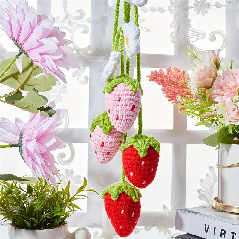 Cute Strawberry Car Hanging Decor - Knitted Fruit Pendant for Vehicle Interior