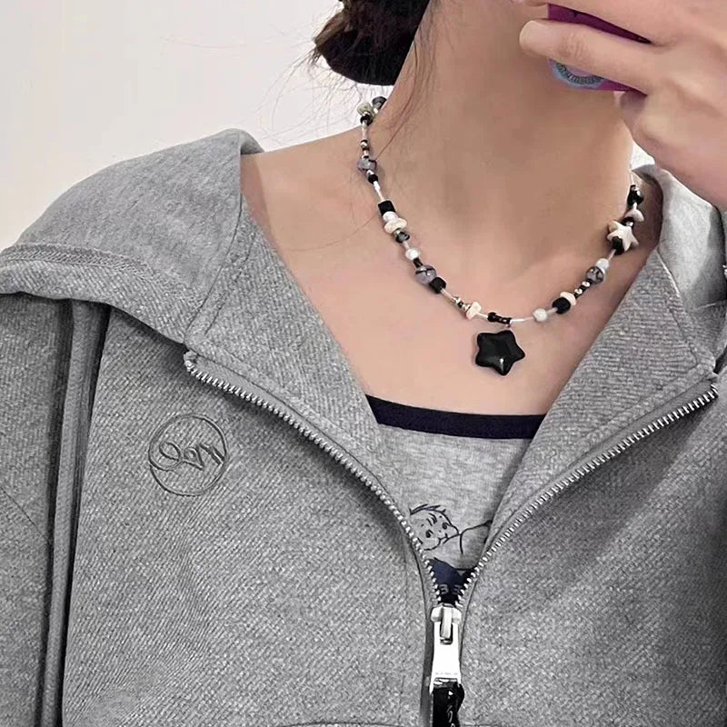 Kpop Goth Vintage Y2K Star Pendant Beaded Chain Necklace for Women & Men