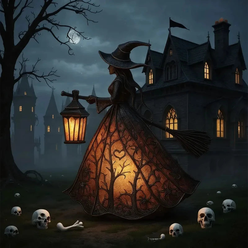 Halloween Witch Lantern LED Night Light Gothic Home Decor with Broom