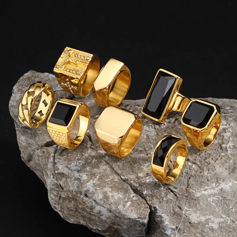 Men's Retro Niche Ring - Stainless Steel Carved Gemstone Inlaid Jewelry