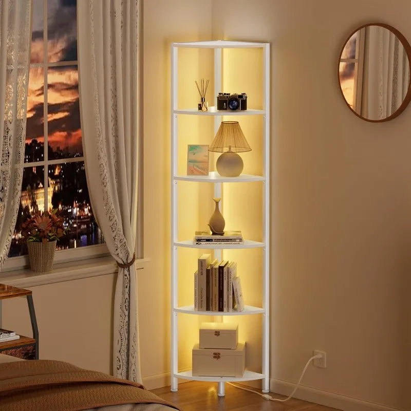 6-Tier Corner Shelf with LED Lights - Tall White Standing Organizer for Home