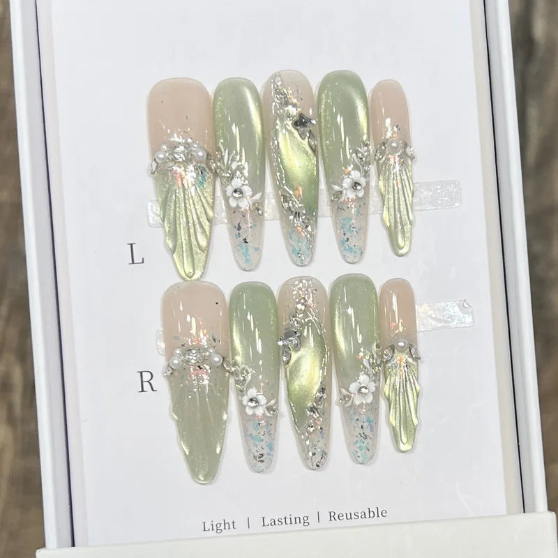 10pcs Long Almond Fake Nails Tips with Pearl and Floral Design - Multiple Colors