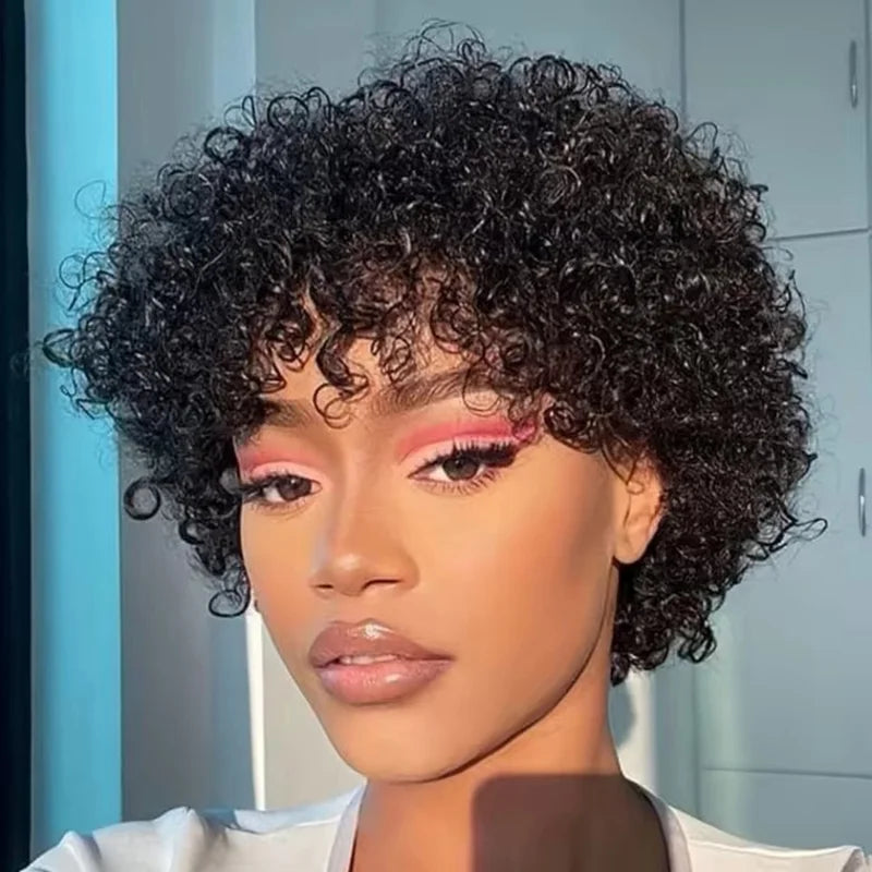 Short Pixie Curly Wig for Black Women - 8 Inch Human Hair Afro Bob with Bangs