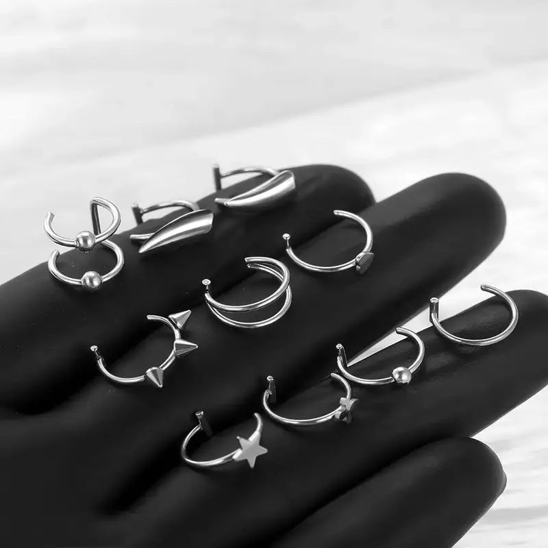 Set of 2/8/10 Stainless Steel Non-Pierced Lip Rings with Cross, Star, Heart, Cone Designs