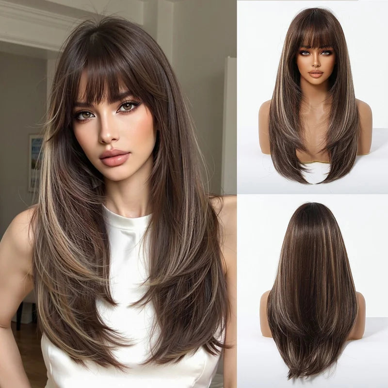 Long Synthetic Wigs with Layered Straight Hair and Highlighted Style - Unisex Daily Wear
