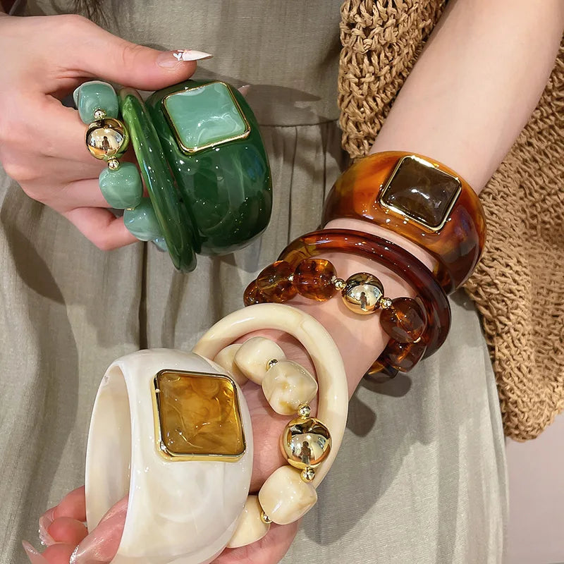 Vintage Resin Wide Bangles Set for Women Men Boho Chunky Wrist Jewelry