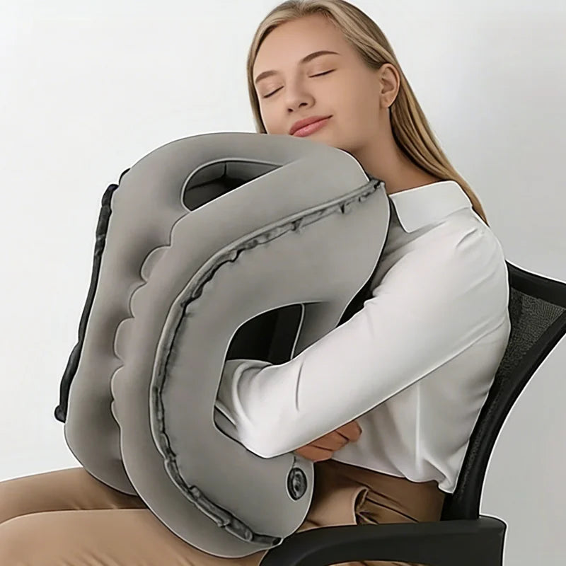 Inflatable Travel Neck Pillow with Chin Support for Airplane Car Office Resting