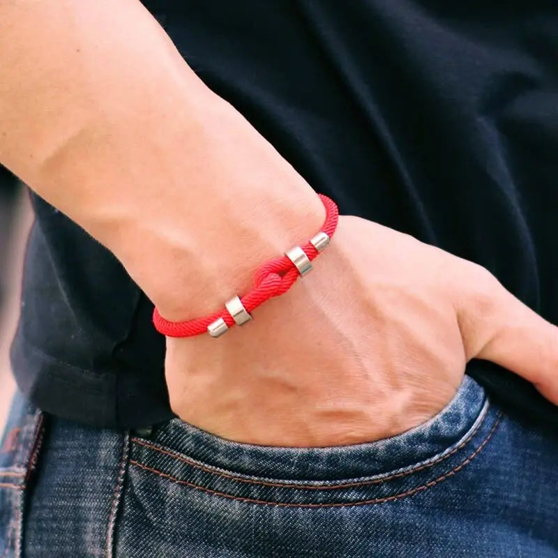 Adjustable Men’s Lucky Red Thread Bracelet with Stainless Steel Chain and Cord