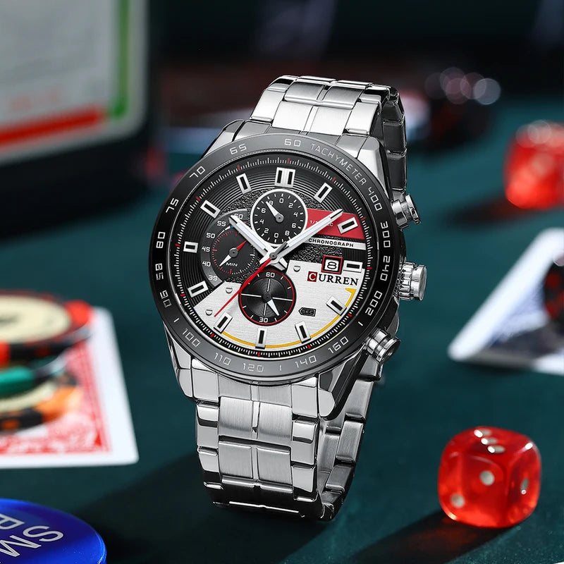 Men's Quartz Watch Waterproof Business Chronograph Stainless Steel Strap