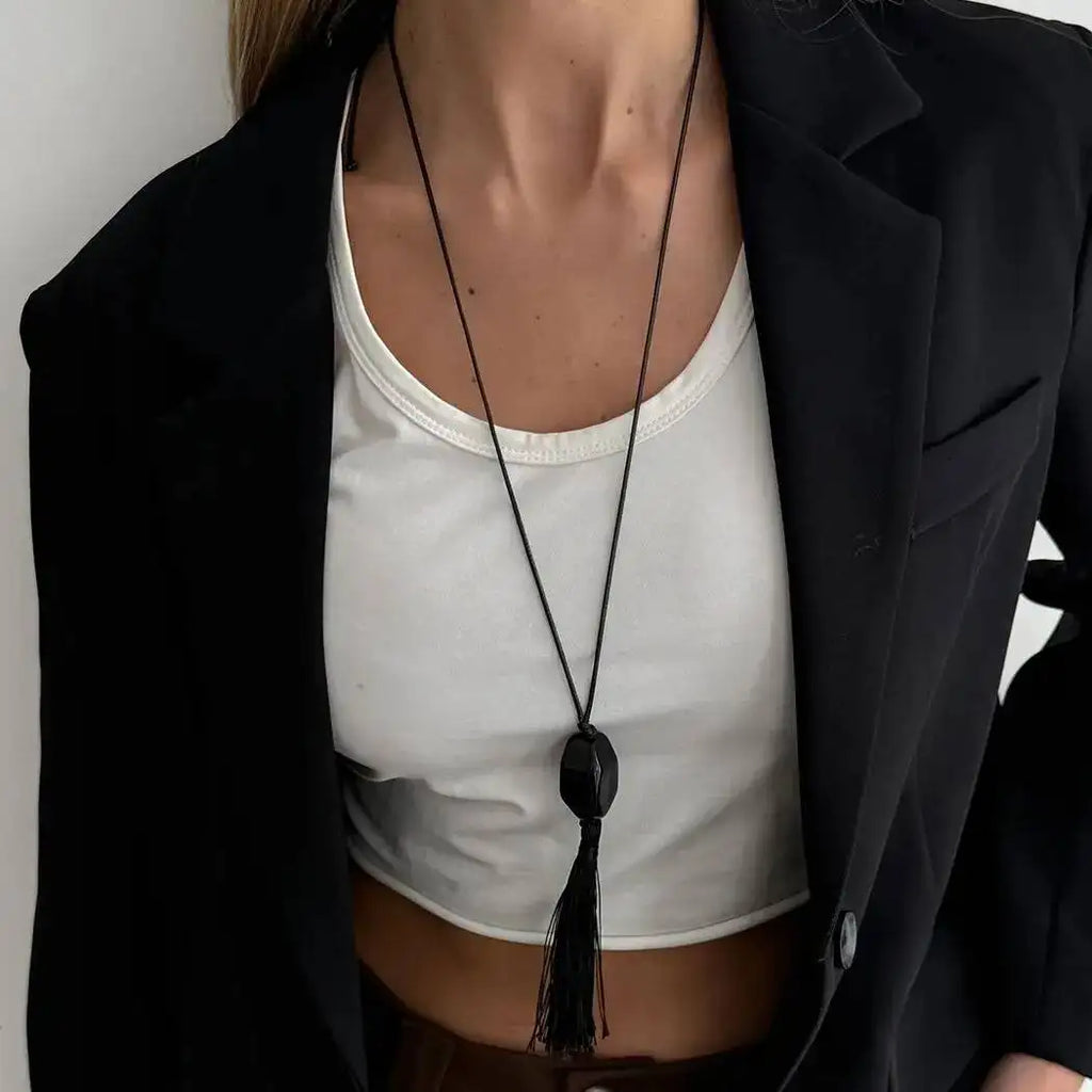 Black Resin Tassel Pendant Necklace for Women Adjustable Chain Jewelry