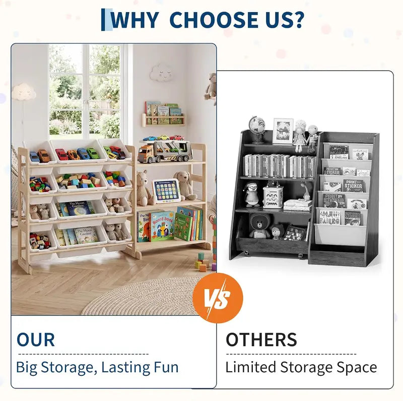 Kids Toy Storage Organizer with 12 Bins and Open Shelves - 56-Inch Wooden Bookcase
