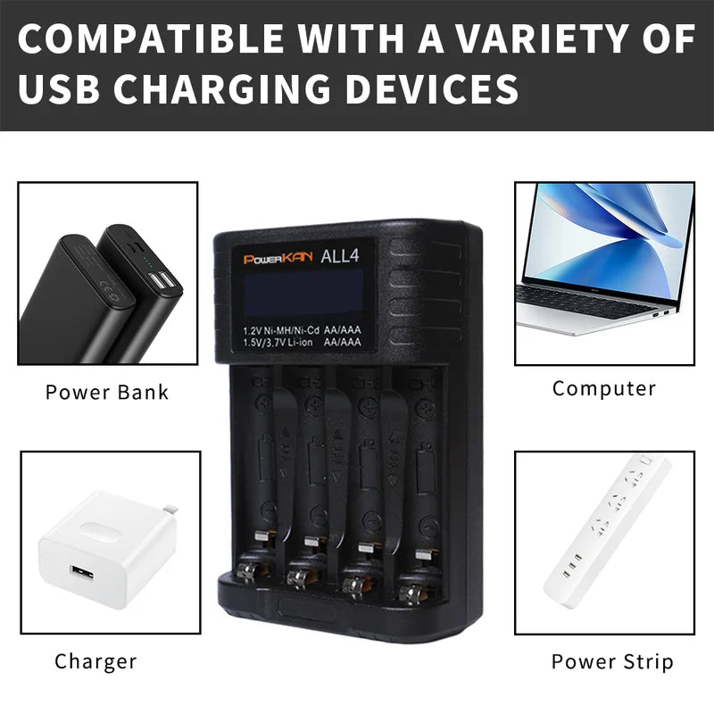 Rechargeable Battery Charger for AA AAA Lithium & NiMH Batteries, LCD Screen