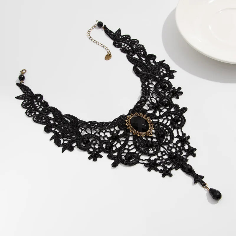 Vintage Black Lace Bead Necklace Gothic Steampunk Style Pendant Collar