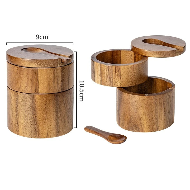 Acacia Wood Salt and Pepper Bowl Set with 360° Swivel Lid and Spoon - Kitchen Seasoning Container