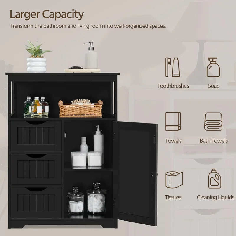 Freestanding Bathroom Storage Cabinet with Drawers & Adjustable Shelf - Black