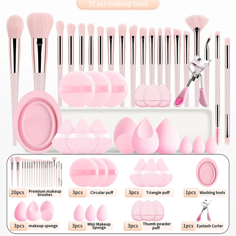 37PCS Makeup Tools Set with Brushes, Sponges, Eyelash Curler & Cleaning Tools