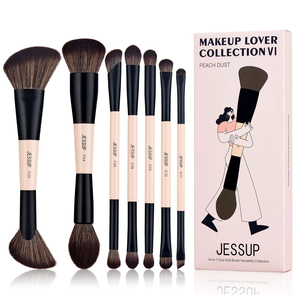 Professional Makeup Brush Set with Sponge - 14pcs Double Sided Face & Eye Brushes, Gift Box