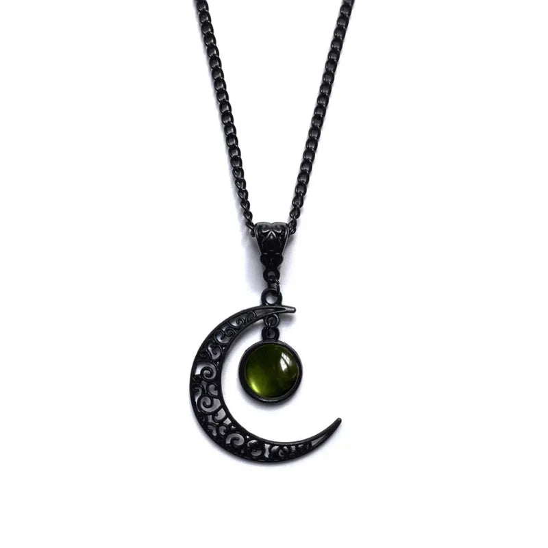 Women Gothic Moon Necklace with Colorful Stone Pendant - Punk Witch Jewelry