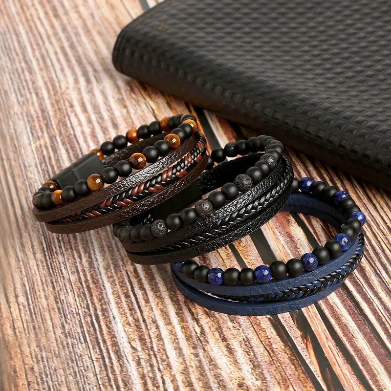Men Leather Multi-Layer Beaded Bracelet with Tiger Eye - Fashion Jewelry Gift