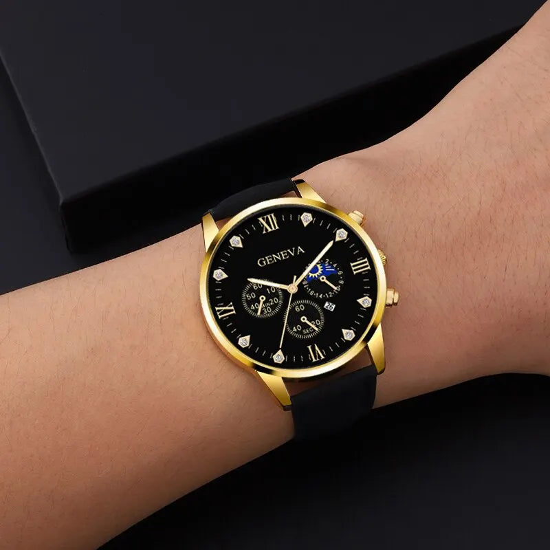 Men's Luxury Quartz Watch Set - Business Casual Round Dial with Calendar - 2 Pieces