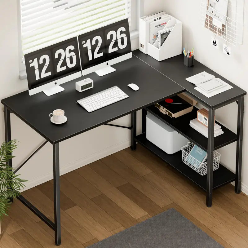 L-Shaped Computer Desk with Reversible Shelves - 47 Inch Corner Gaming & Office Table