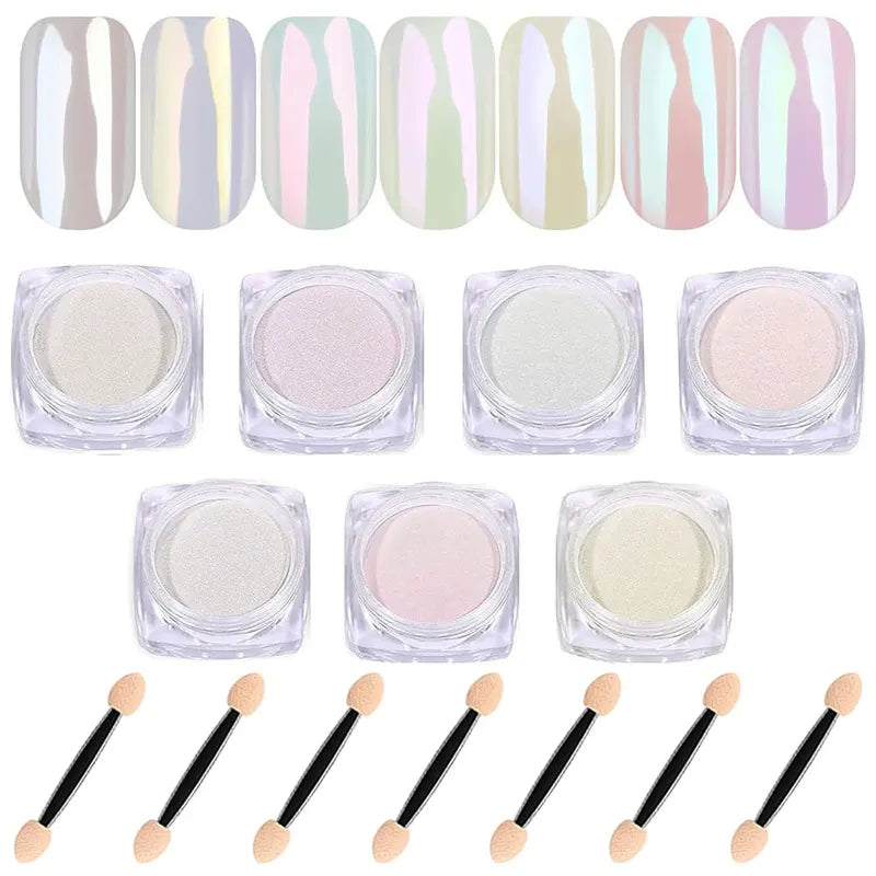 7 Colors Nail Powder Set - Holographic Mirror & Pearlescent Chrome Dust