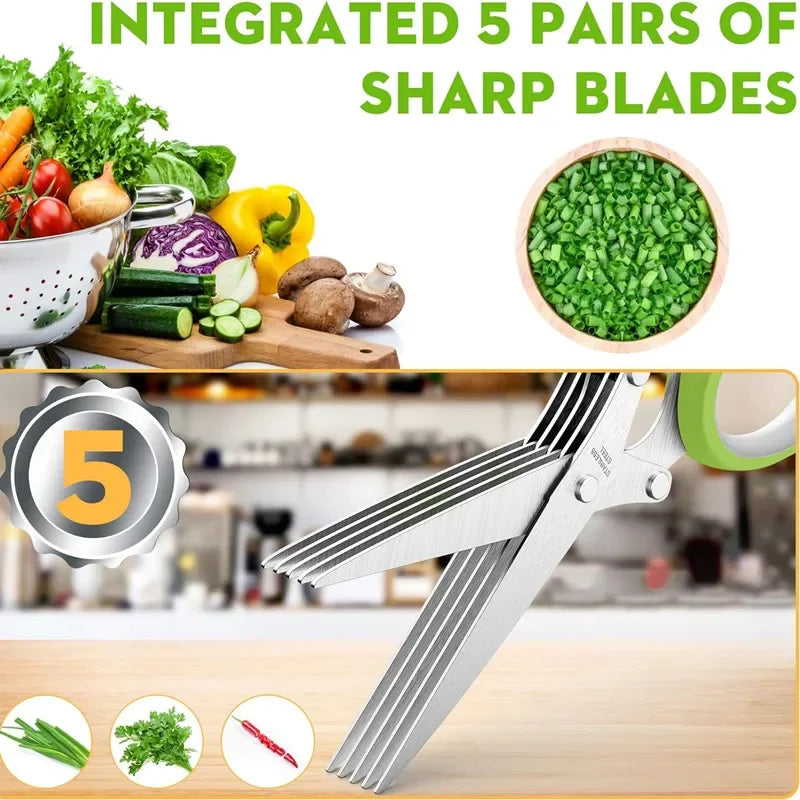 Herb Scissors Stainless Steel 5-Blade Kitchen Shears with Cover - Multipurpose Vegetable Cutter