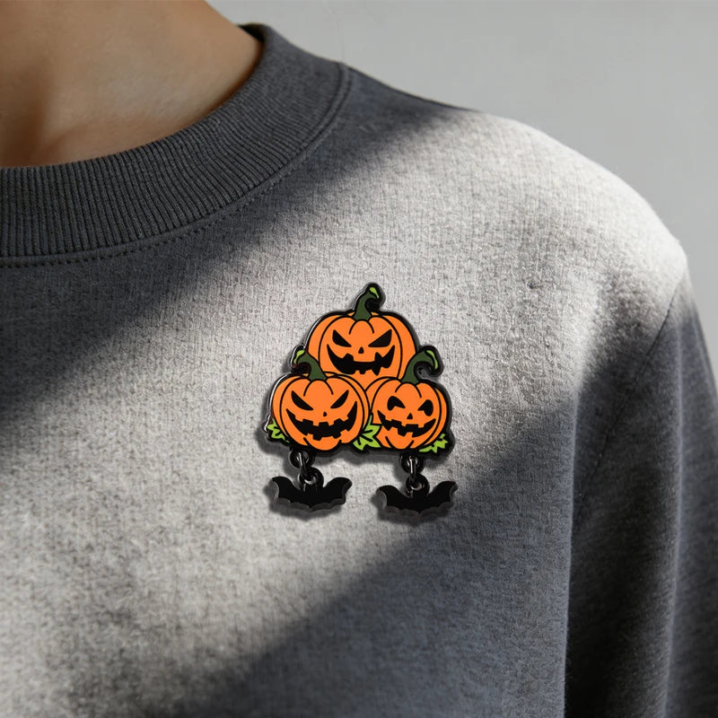 Halloween Jack-o'-Lantern Brooch with Bat Pendant - Horror Themed Accessories