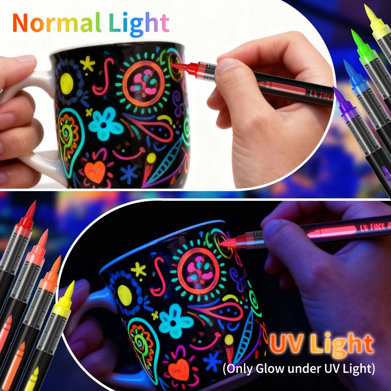 8-Color UV Fluorescent Body Paint Pens - Washable Glow Tattoo & Face Markers
