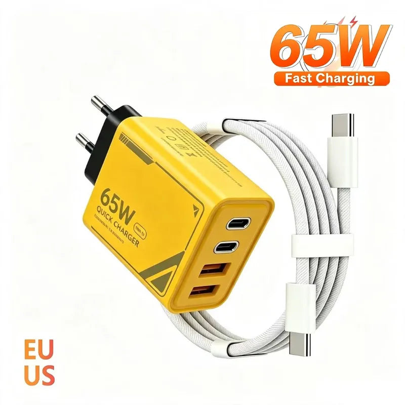 65W GAN Multi-Port Travel Charger Kit with UK EU US Plugs & 1M Braided USB-C Cable