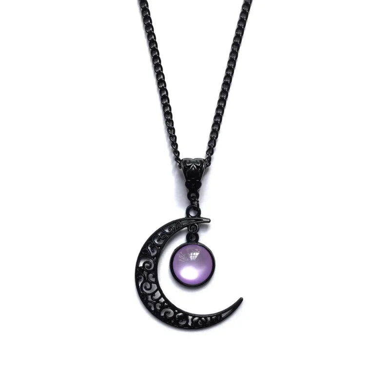 Women Gothic Moon Necklace with Colorful Stone Pendant - Punk Witch Jewelry