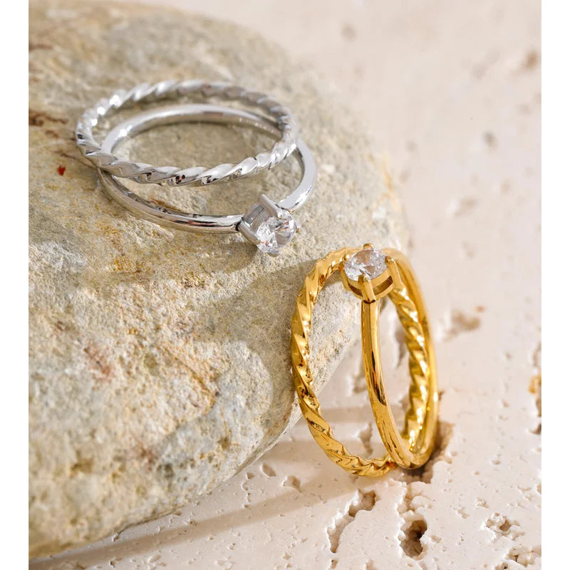 Double-Layer Zircon Finger Rings Set for Women – Stainless Steel Jewelry Collection