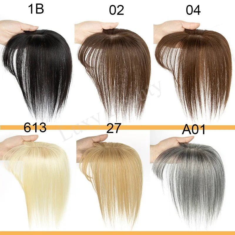 Human Hair Topper with Bangs for Women Clip-In Hairpiece 8-14 Inches, Natural Black Blonde Highlights