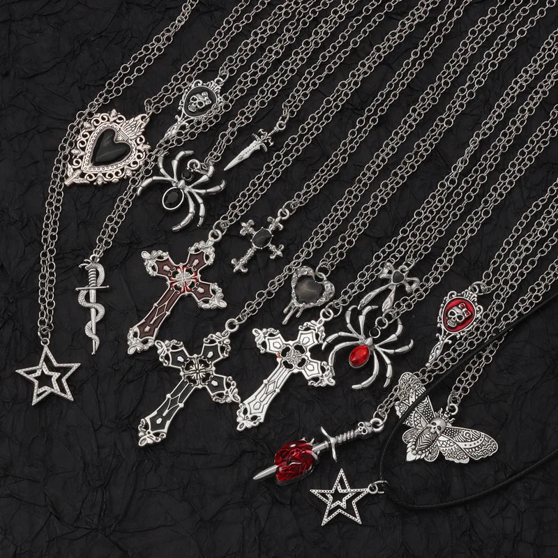 Gothic Cross Spider Skull Pendant Necklace Set for Men Women Streetwear Jewelry