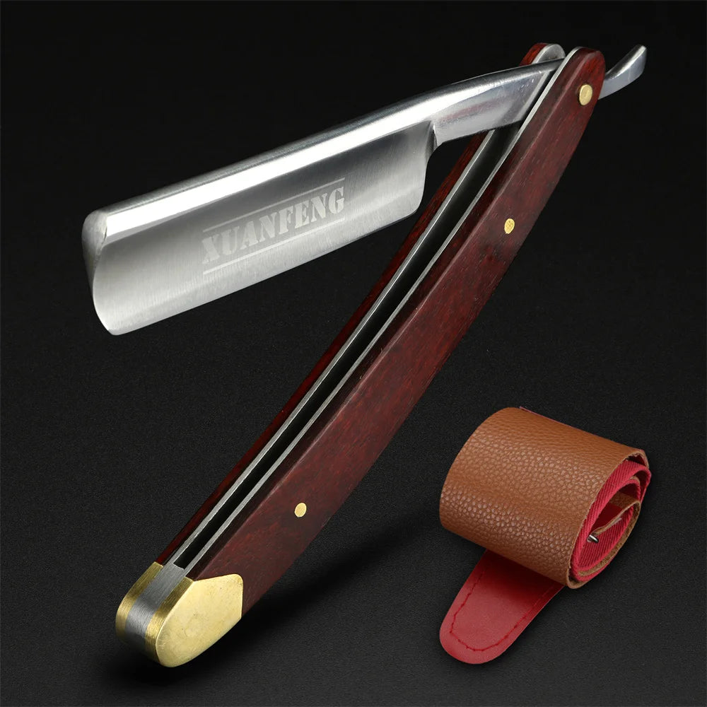 Folding Straight Razor with Mahogany Handle & High-Hardness Steel Blade for Men