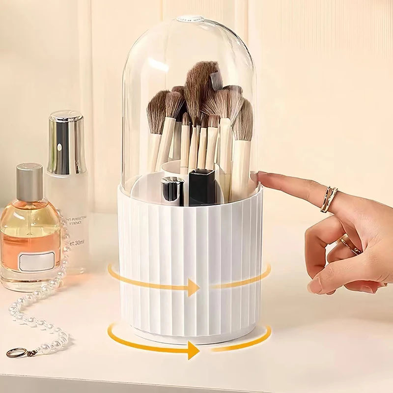 Rotating Makeup Brush Holder with Lid - Cosmetic Storage Organizer for Brushes, Lipsticks, Eyeliners