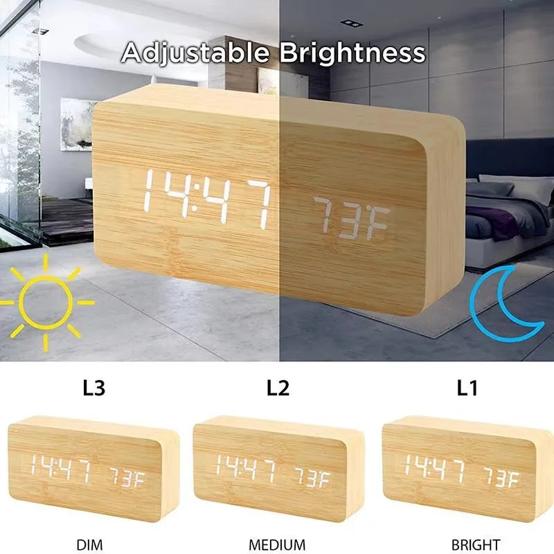 Wooden Digital Alarm Clock with Temperature Display - LED Table Clock for Bedroom & Office