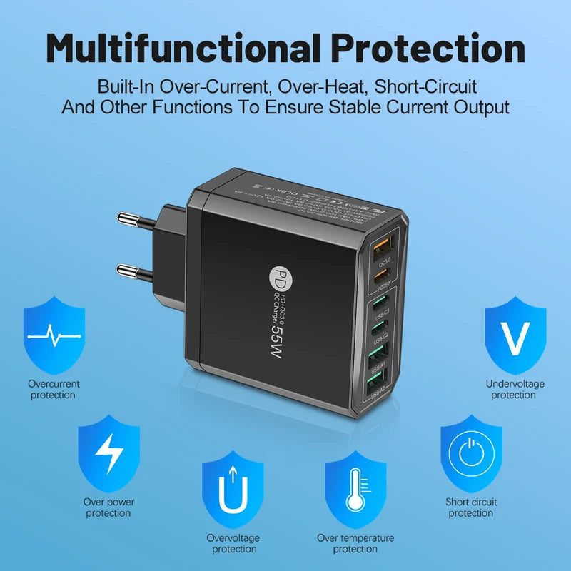 55W Multi-USB Fast Charging Travel Power Adapter with EU US UK AU Plugs