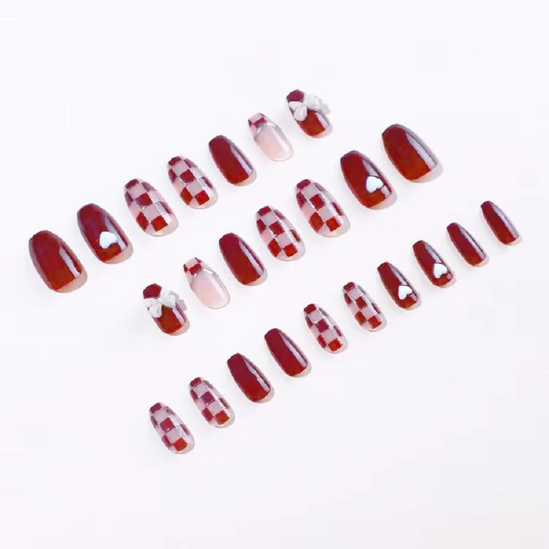 24PCS Red Bow Gold Powder Checkerboard Fake Nails Set