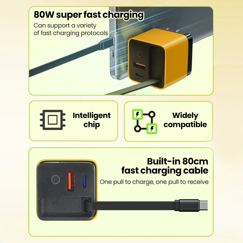 Olaf 3-in-1 80W Fast USB-C Charger with Retractable Cable for iPhone, iPad, Laptop
